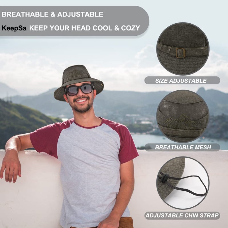 KeepSa Sun Hat for Men, Cotton Embroidery Summer Outdoor Sun Protection Wide Brim Bucket Hat Foldable Safari Boonie Hat Army Green - Image 2